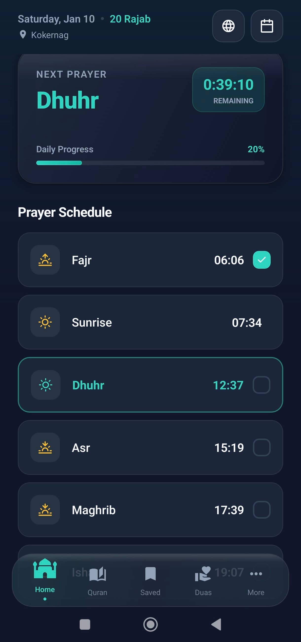 Deenly home screen with azan notification and prayer alerts