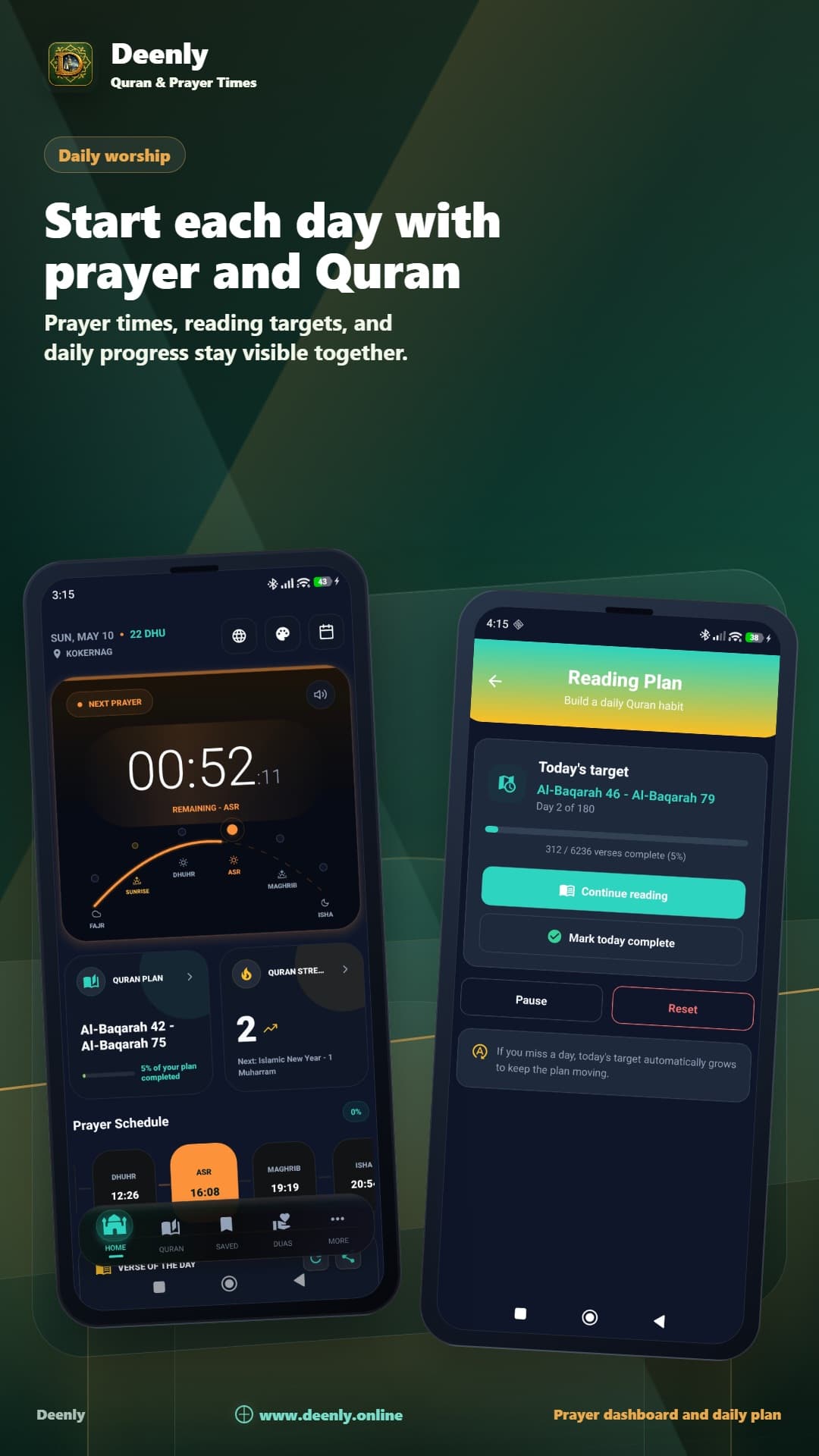 Deenly app screenshot showing daily worship