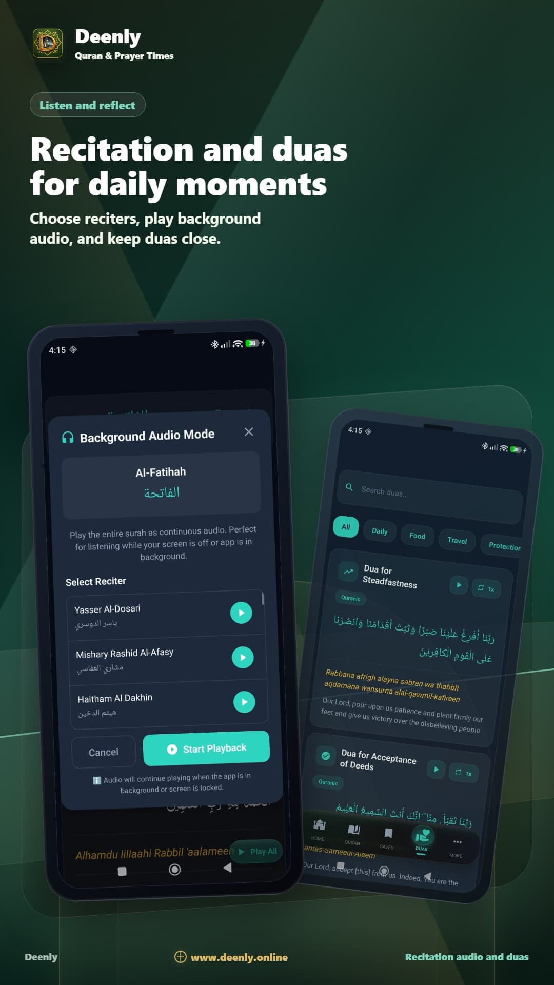 Deenly app screenshot showing audio & duas