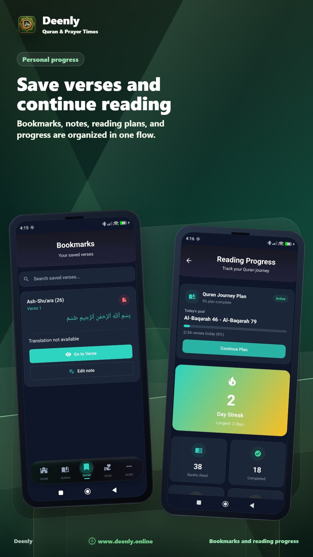 Deenly app screenshot showing saved progress