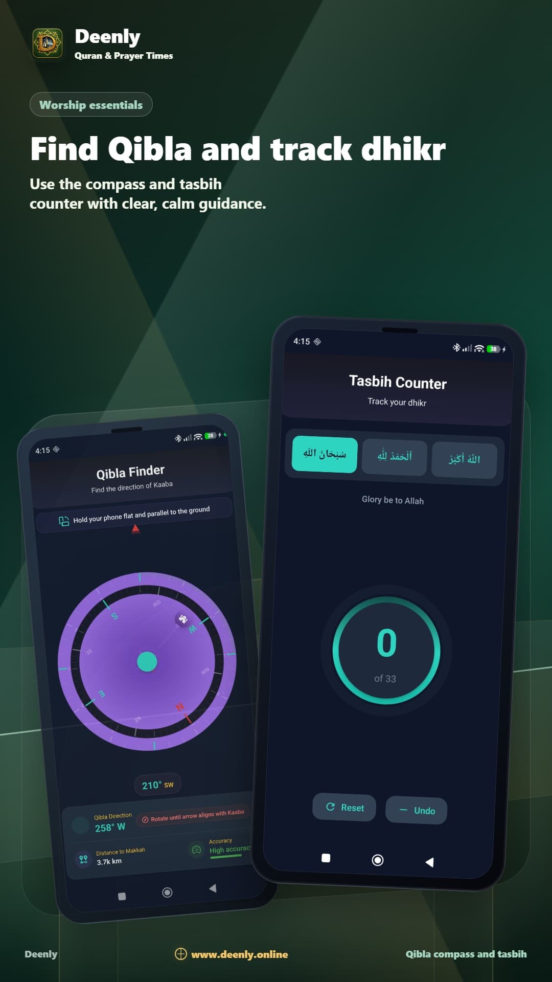 Deenly app screenshot showing qibla & tasbih