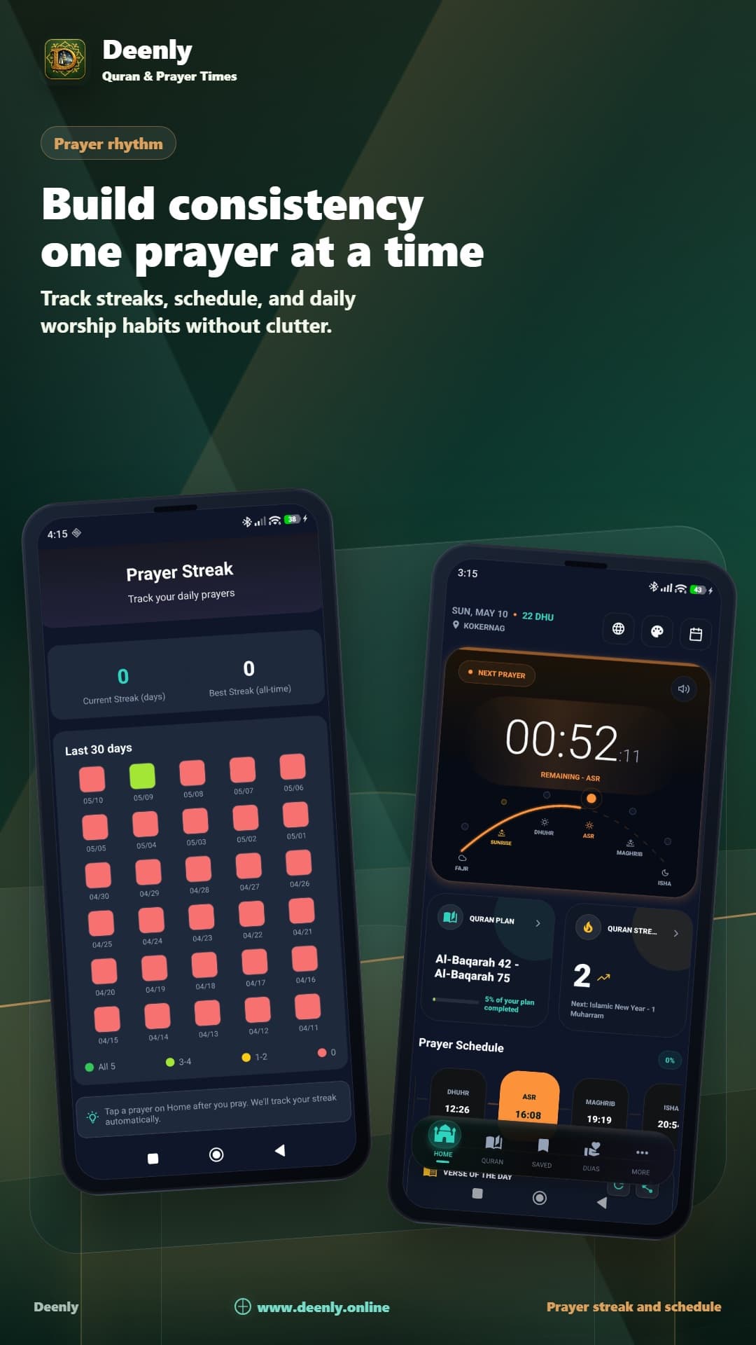 Deenly app screenshot showing prayer consistency