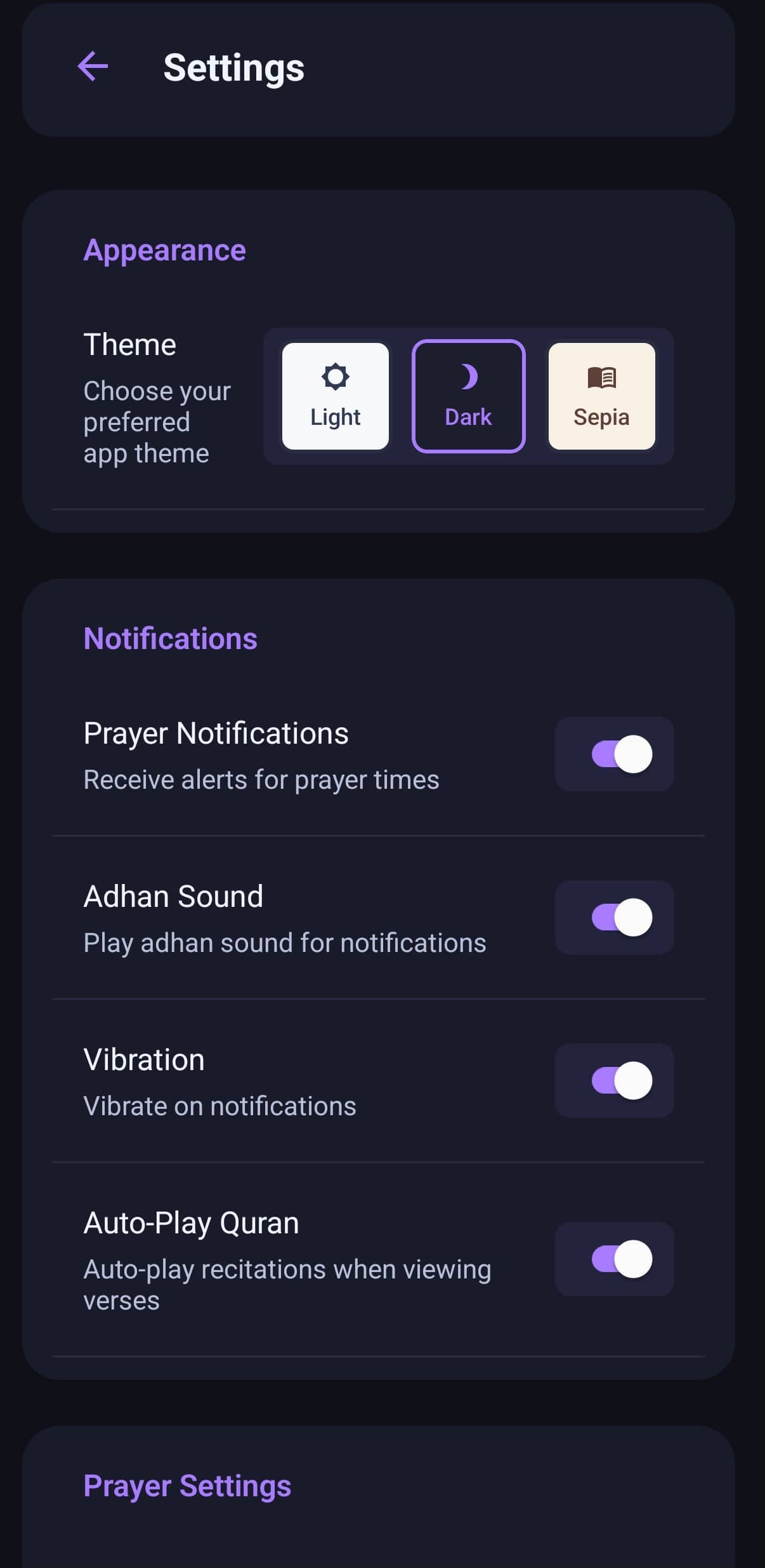 Deenly app screenshot: Settings